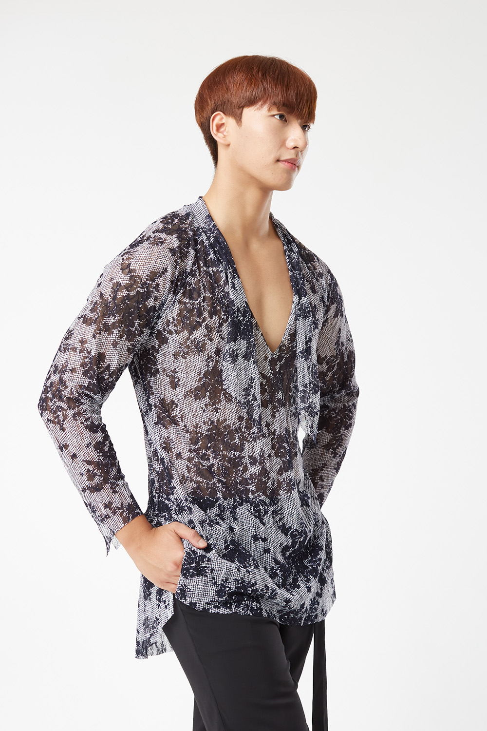 Deep V-neck Rose Pattern Lace Shirt