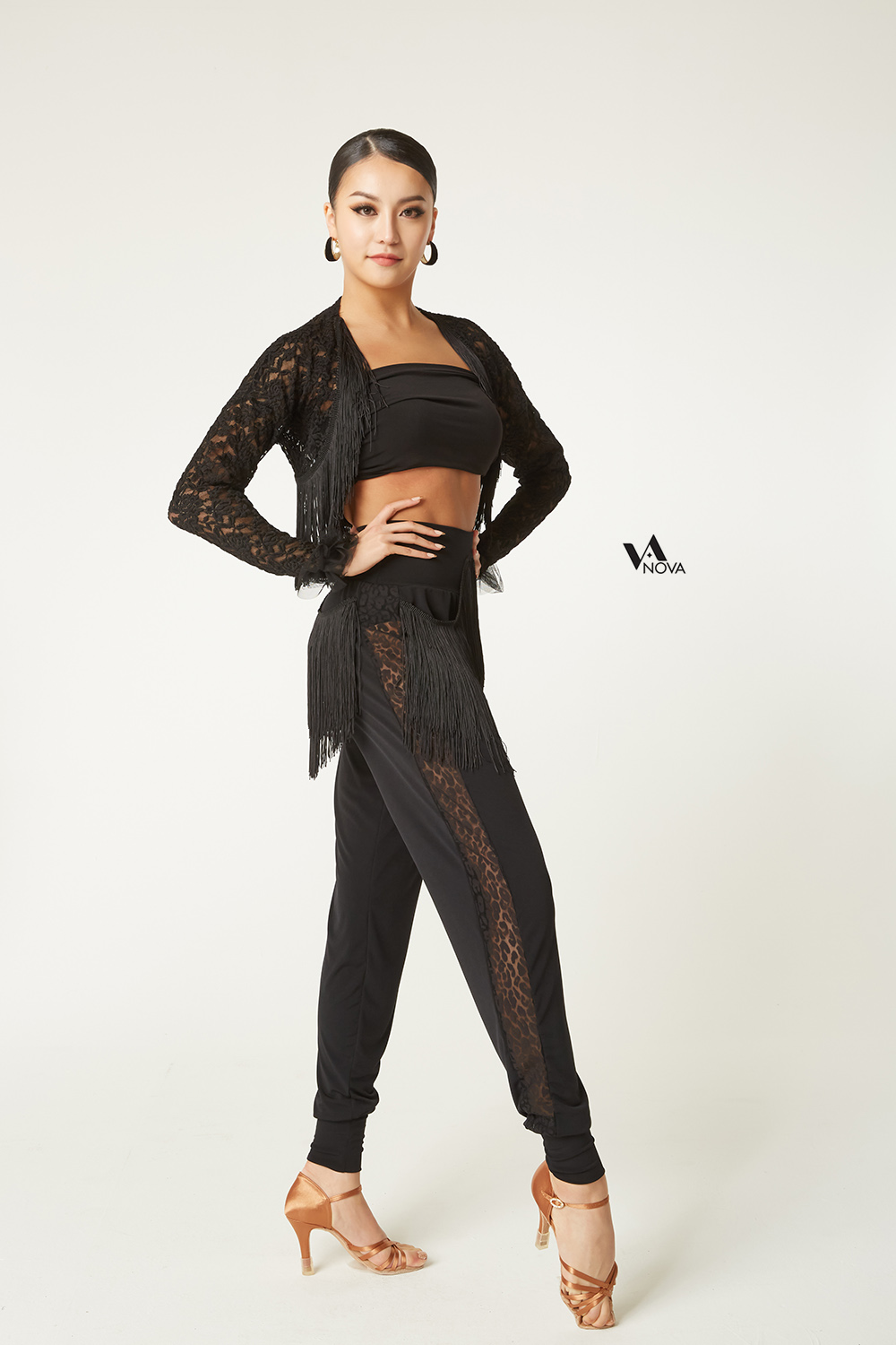 Black Jogger Pants with Fringe Trim