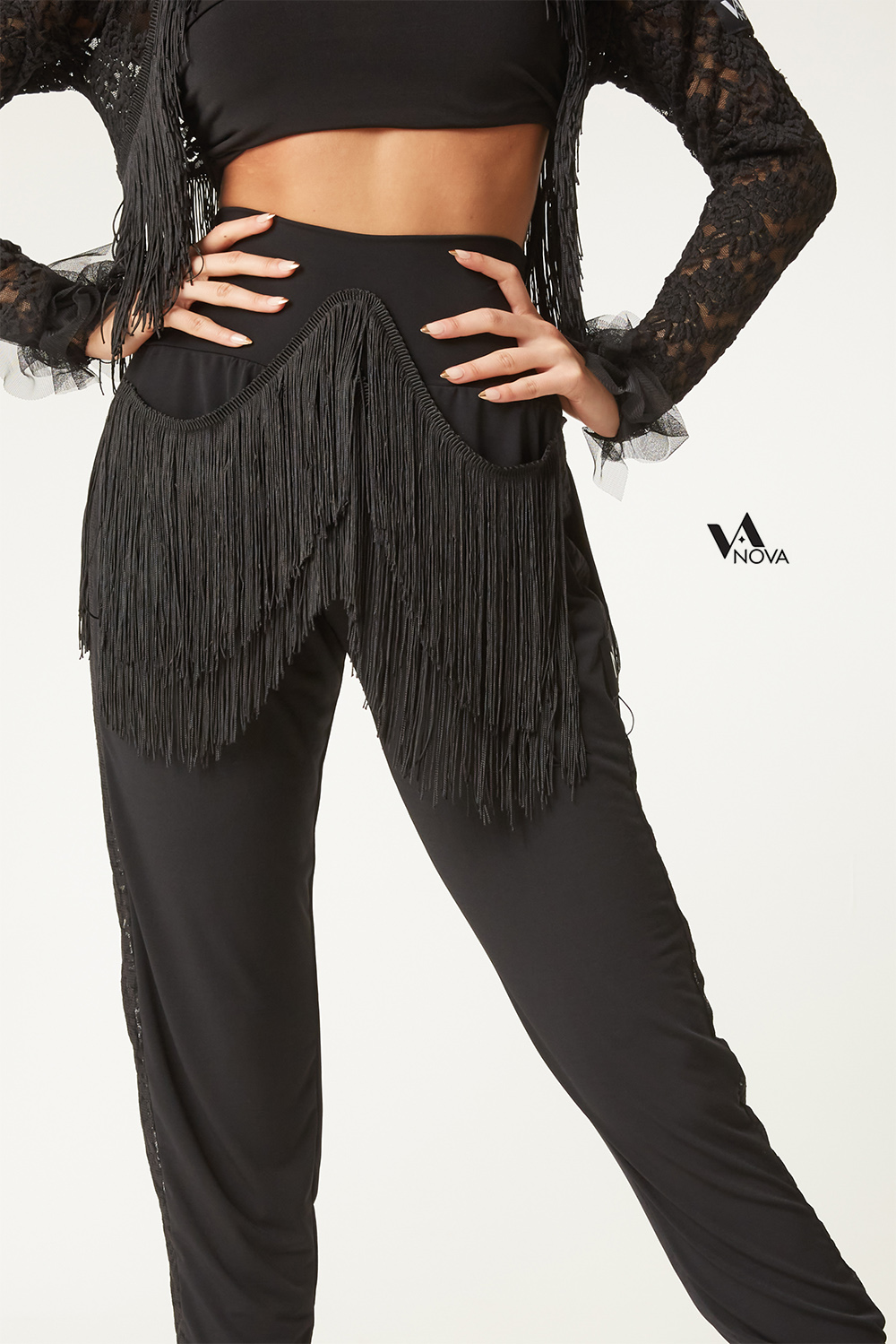 Black Jogger Pants with Fringe Trim