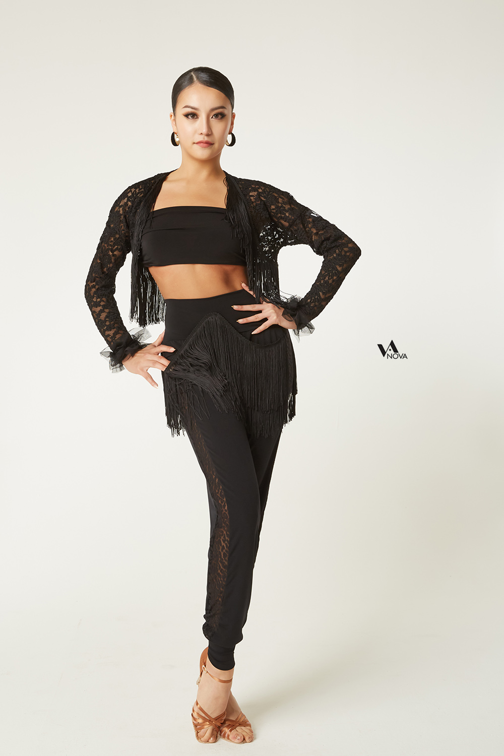 Black Jogger Pants with Fringe Trim