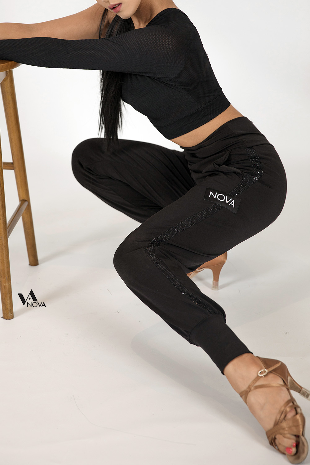 Black Jogger Pants with Spangle Side Stripe