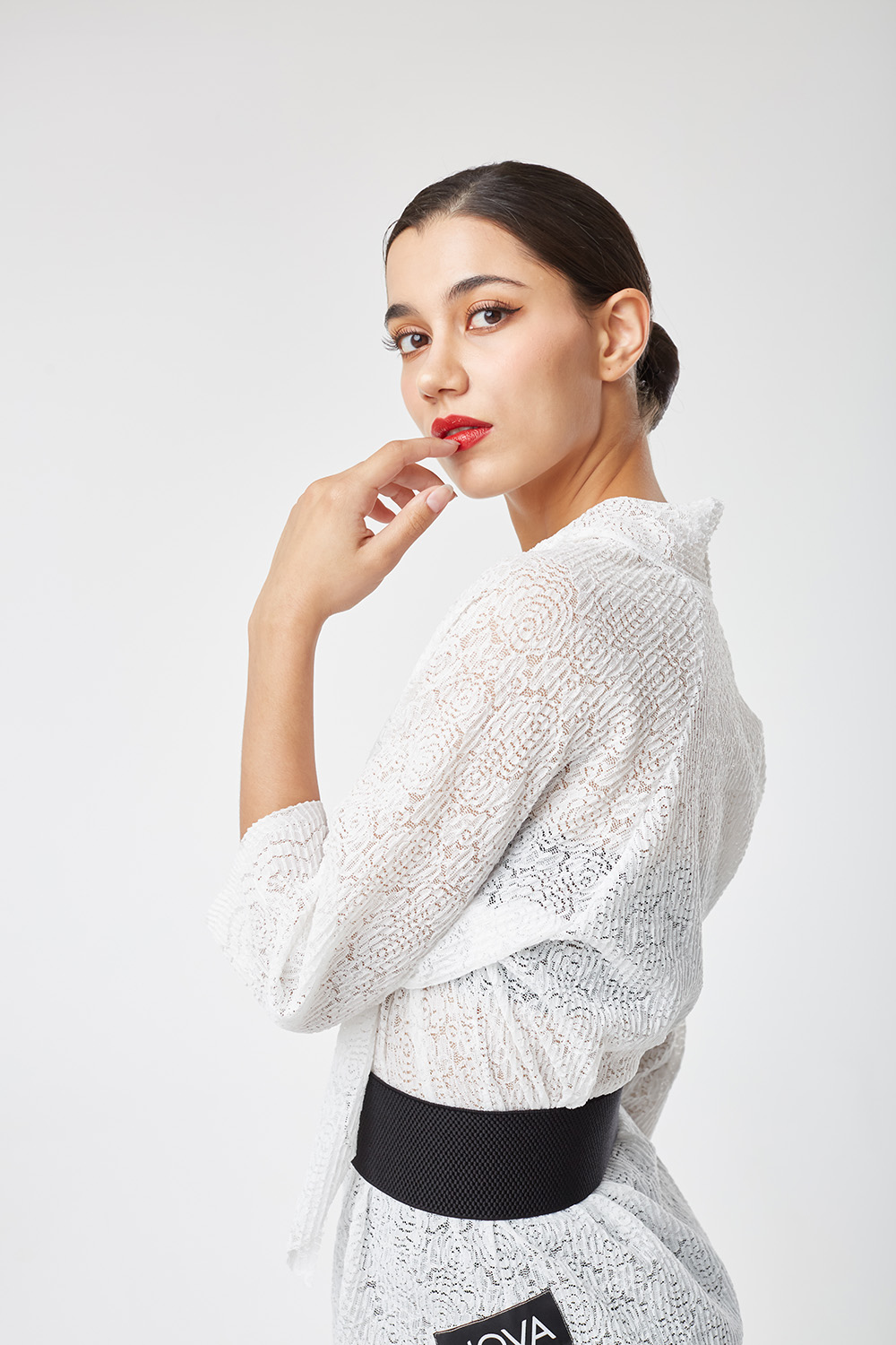 Deep V-neck White Lace Shirt